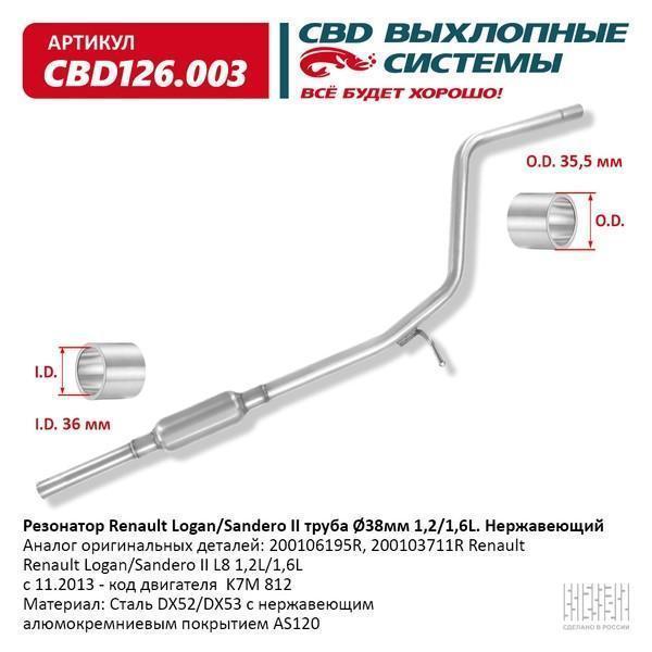 Резонатор Renault Logan/Sandero II труба Ø38мм 1,2/1,6L. Нержавеющий. CBD126.003