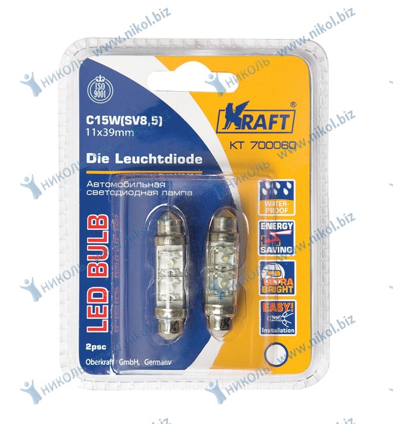 Лампа светодиод (салон) 39 мм белая 12 АС-2LED KRAFT (к-т=2шт) в БЛУ