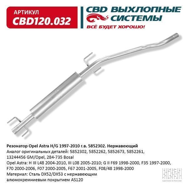 Резонатор Opel Astra H/G 1997-2010 г.в. 5852302. Нержавеющий. CBD120.032