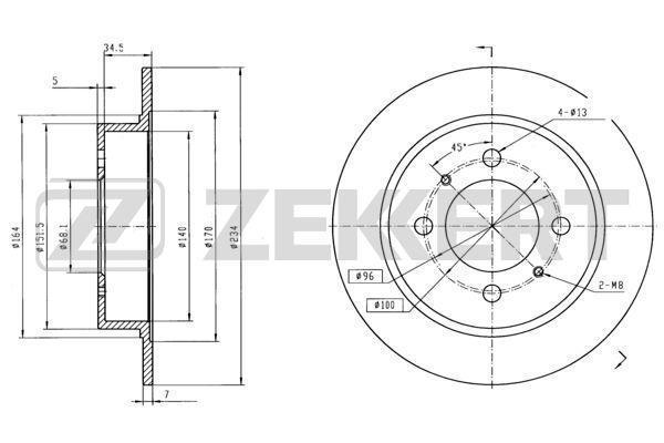 Диск тормозной ZEKKERT BS6088 зад. Nissan Almera (N15) 95-, Sunny (N14) 90-