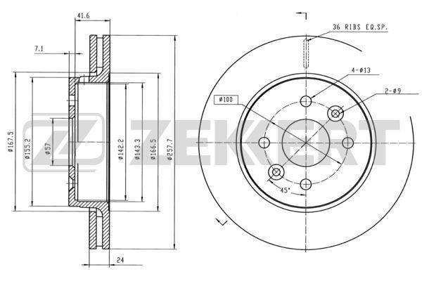 Диск тормозной Kia Spectra (Иж), Sephia II, Shuma II 01- передний 258 x 24 Zekkert BS5374