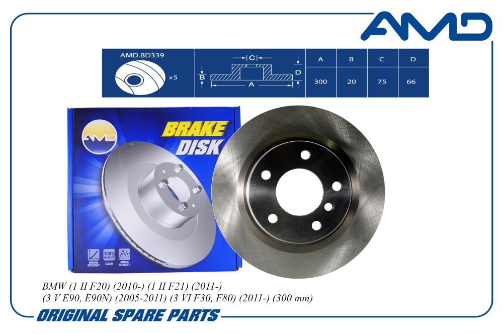 Диск тормозной BMW 1 (E81, E87, F20) 04- 2 (F22) 012-, 3 (E90) 04- задний 300 х 20 \ AMD AMDBD339