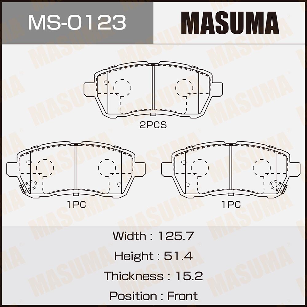 Колодки тормозные Ford Fiesta V, VI 08-; Mazda 2 II 07-; Subaru Justy передние Masuma