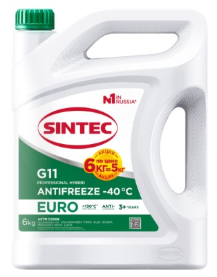 Антифриз Sintec Euro зеленый G11 (-40) 6 кг Акция 6 кг по цене 5 кг