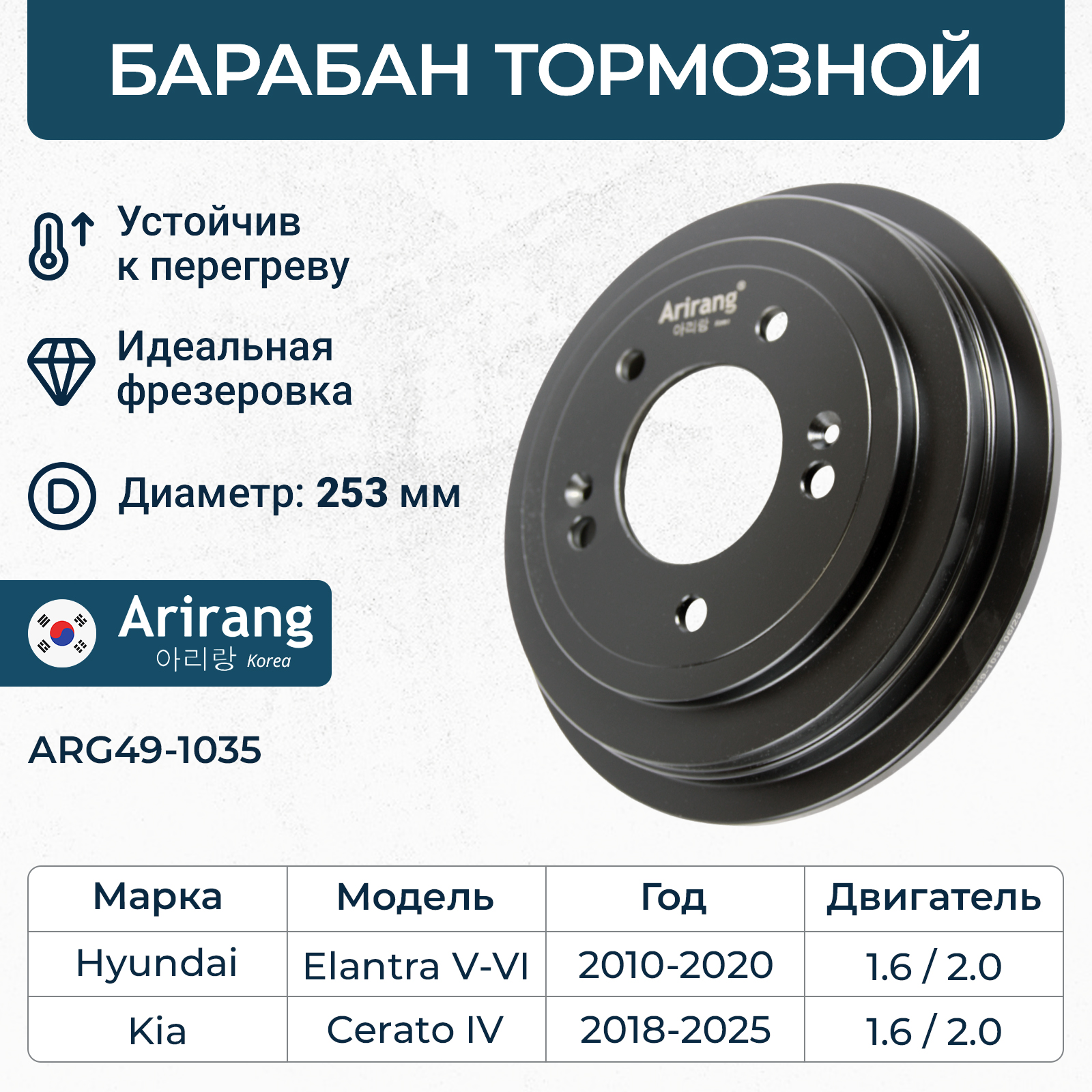 Барабан тормозной Hyundai (Elantra V,VI), Kia (Cerato IV 18-/K3 12-18) \ ARIRANG ARG49-1035