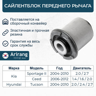 Сайлентблок рычага Hyundai Elantra 06-, Tucson 04-; Kia Ceed 06-, Sportage 04- переднего задний \ ARIRANG ARG12-1333