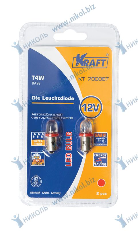Лампа светодиодная Kraft T4w BA9s 12V 0.5 2 шт.красная*