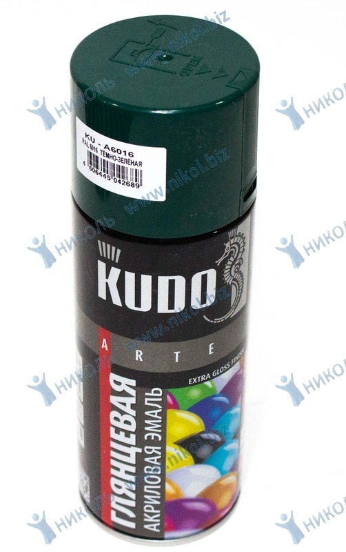 Краска аэроз зеленая темная (RAL 6016) KUDO (520мл) акрил глянц
