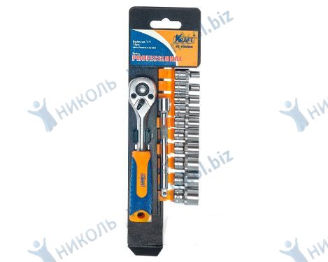 Набор головок KRAFT 12 пр (4-13мм) 1/4" с трещоткой и удлинителем (102мм)