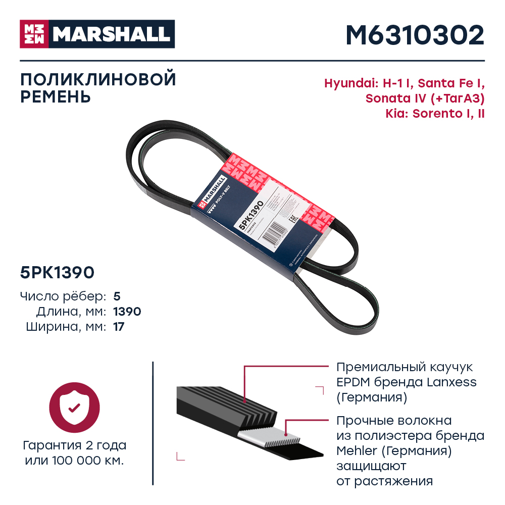 Ремень поликлиновой 5PK1390 Marshall Hyundai H-1 I 97-; Hyundai Santa Fe I 01-; Hyundai Sonata IV