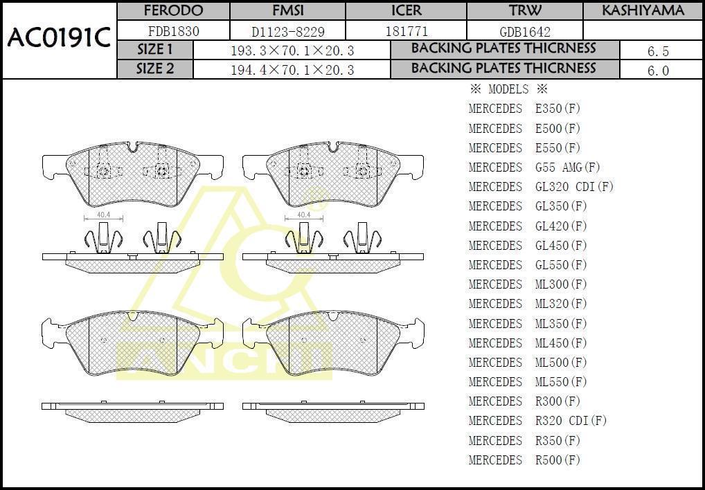Колодки тормозные MB W164 (ML), X164 (GL), W211, W251 04- передние \ ANCHI AC0191C