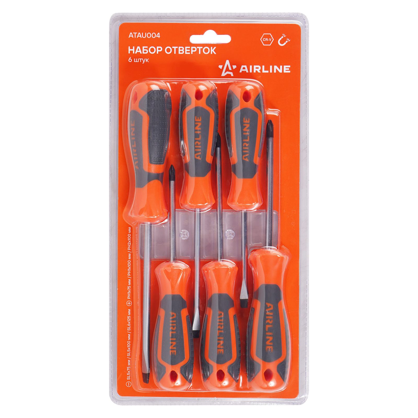 Набор отвёрток 6 пр. SL5x75, SL5x100, SL6x125, PH1x7, PH1x100, PH2x100 Airline