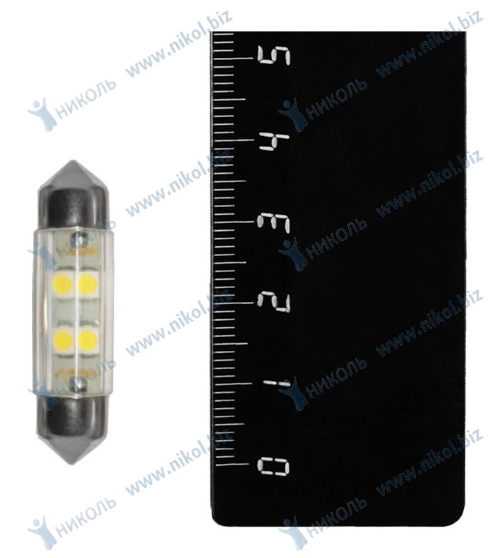 Лампа светодиод (салон) 36 мм белая 12 АС-4SMD (3528) Маяк 12T11x36-W\4SMD (крат_уп_10шт)