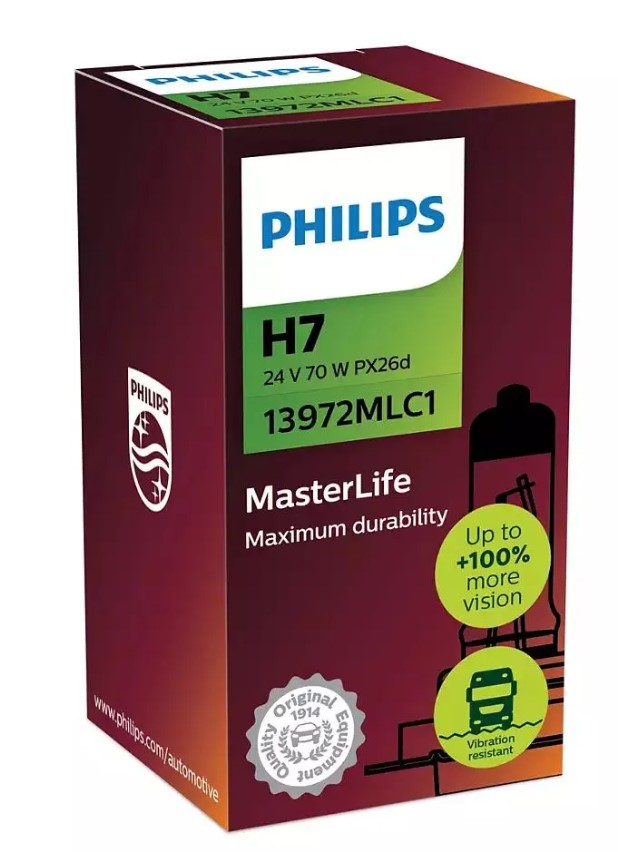 Лампа 24 В H7 70 Вт MasterLife 1шт + QR код подлинности галогенная Philips