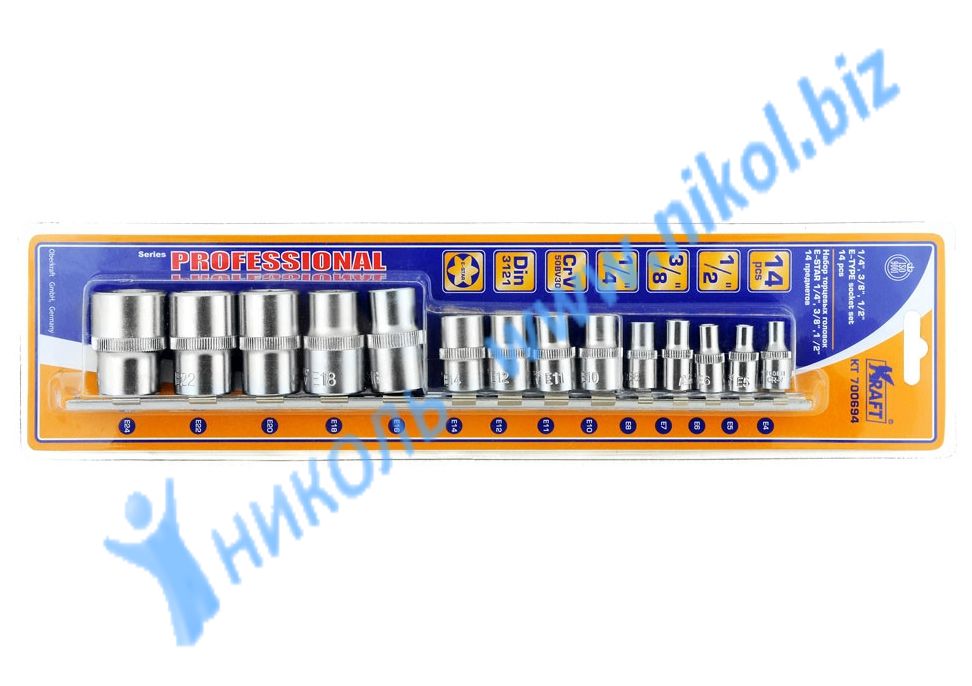 Набор головок KRAFT 14 пр E-star 1/2", 3/8", 1/4"