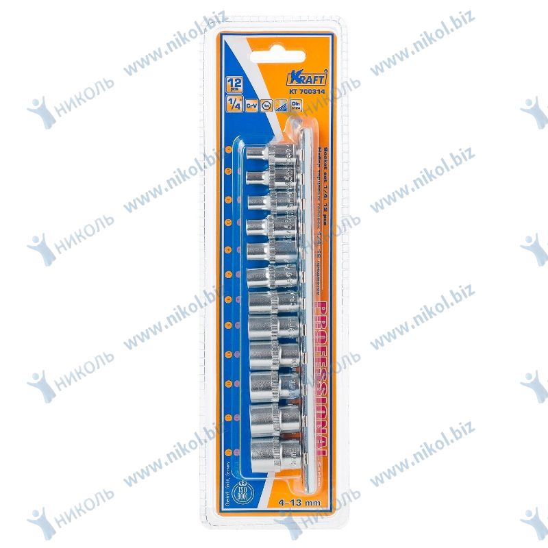 Набор головок 1/4" 12 пр. 6 гр 4-13 мм на планке Kraft*