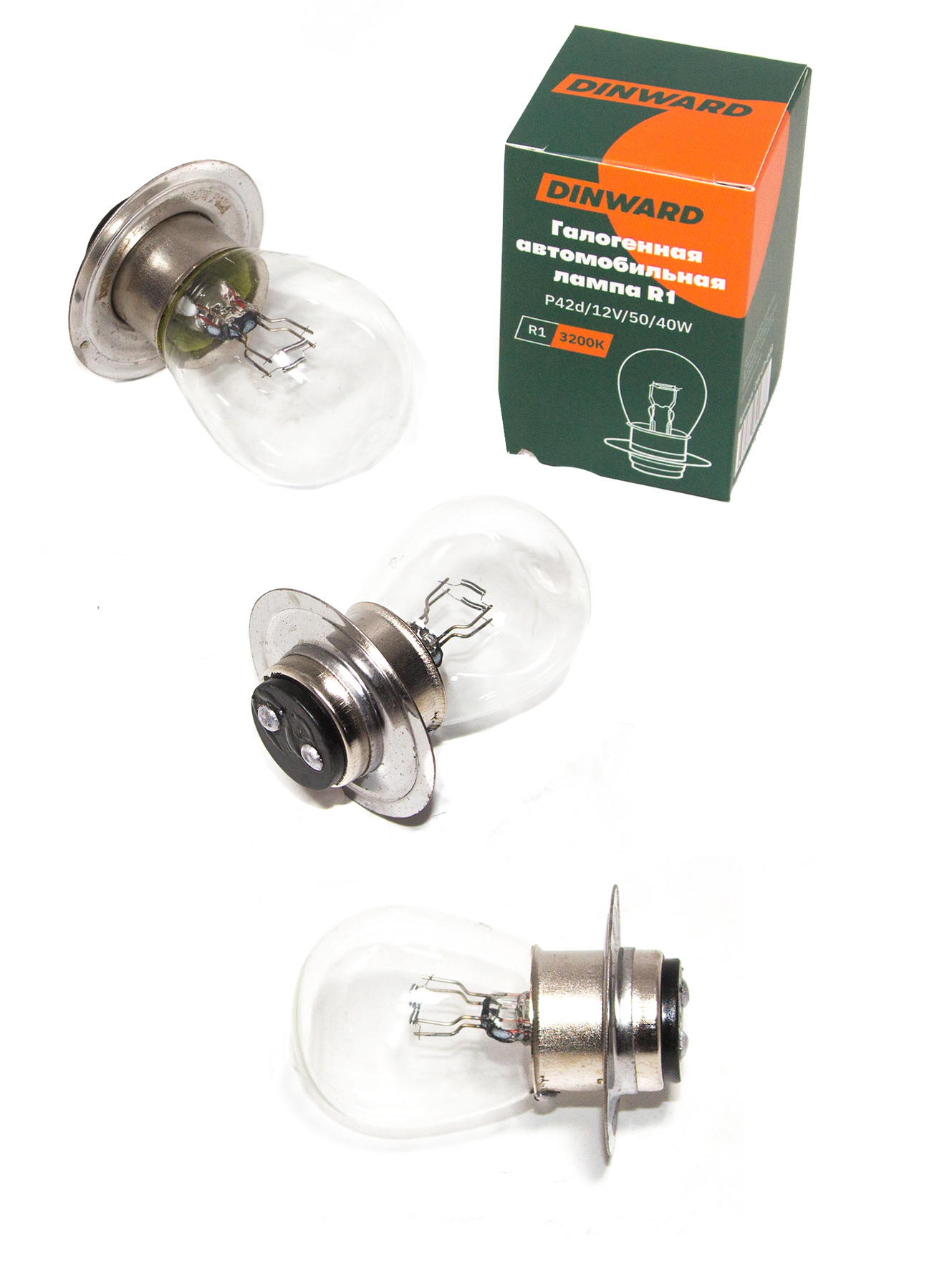 Лампа R2 12 V 50/40 W (фарная) тракторная DINWARD P42t (крат_уп_10шт) (2 конт.)