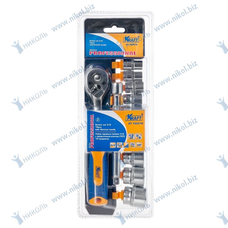 Набор головок KRAFT 12 пр (10-24мм) 3/8" с трещоткой и удлинителем (152мм)