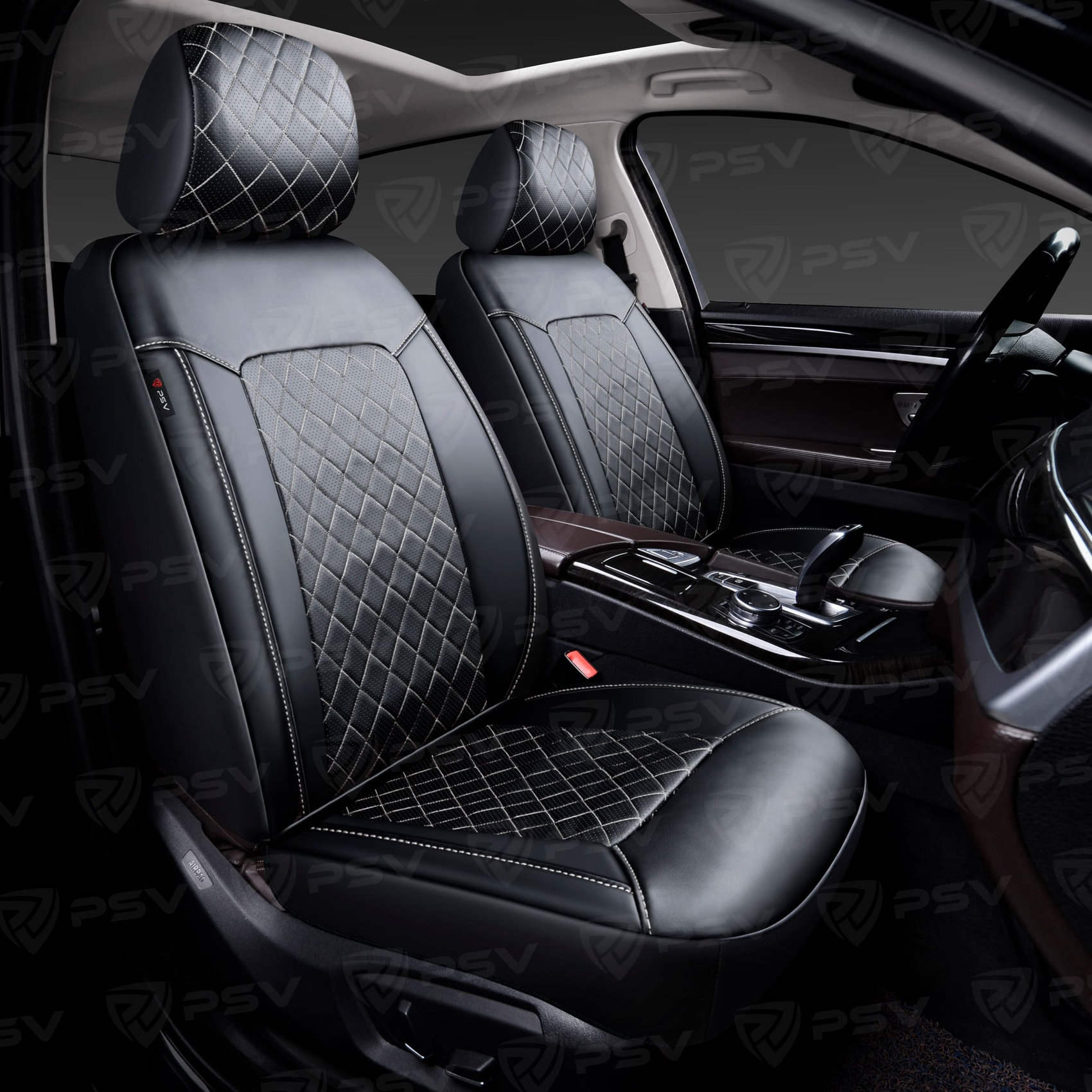 Чехлы PSV Elegant Next передние экокожа ромб белый отстрочка белая черные