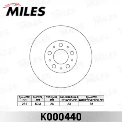 Диск тормозной Volvo S60 01-/S80 99-06/V70 97-/XC70 02- R15 передний D=286 мм Miles